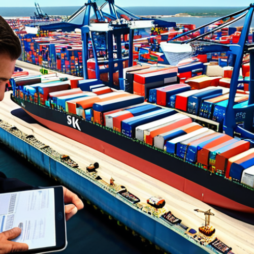 Home 16 **
A bustling international port scene. Diverse cargo ships are loading/unloading containers with various country flags. In the foreground, a person in a suit is reviewing documents with a tablet, highlighting regulatory compliance. Emphasize the complexity and challenges of international trade regulations.
**