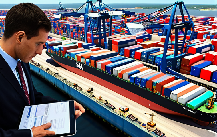 **
A bustling international port scene. Diverse cargo ships are loading/unloading containers with various country flags. In the foreground, a person in a suit is reviewing documents with a tablet, highlighting regulatory compliance. Emphasize the complexity and challenges of international trade regulations.
**