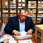 **

A bustling customs office scene. Boxes and crates overflowing with goods are stacked haphazardly. In the foreground, a stressed-looking businessman frantically reviews documents, sweat beading on his forehead. A stern-looking customs official stamps a document with a large "RIFIUTATO" (rejected) stamp. The overall mood is chaotic and urgent, illustrating the complexities and potential pitfalls of customs documentation. Focus on realistic details and conveying the anxiety of international trade.

**