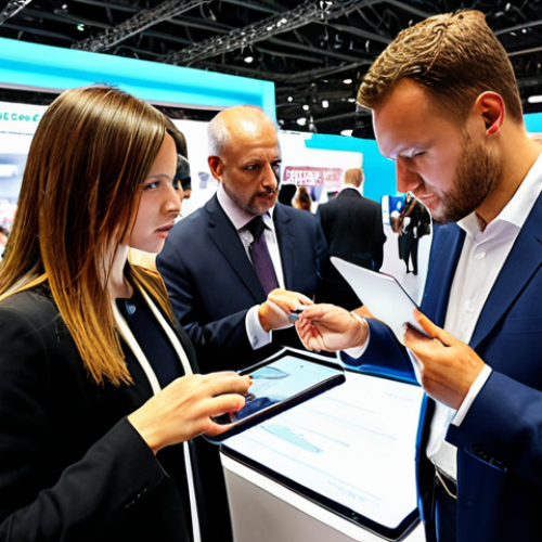 Home 14 **
Prompt: A bustling international trade fair in Milan, Italy. Focus on diverse attendees from various countries negotiating deals and exchanging business cards. In the foreground, a person reviews a complex international contract on a tablet, highlighting key clauses with a digital pen. Bright, professional lighting. Emphasis on the modern and dynamic atmosphere of global commerce.
**
