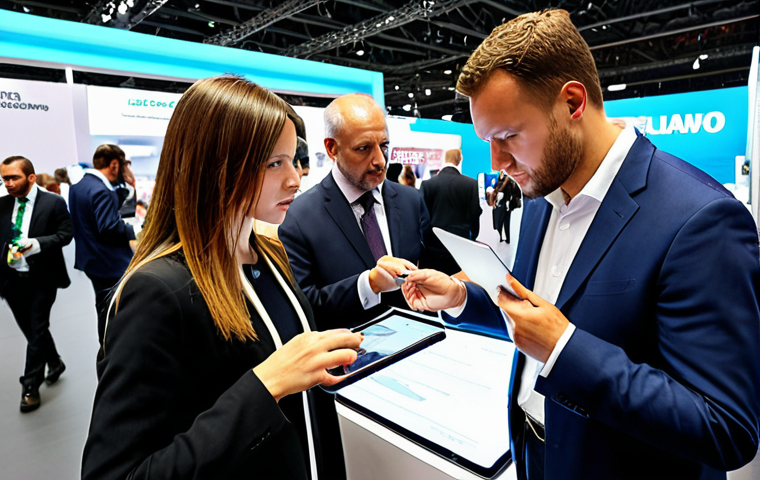 **
Prompt: A bustling international trade fair in Milan, Italy. Focus on diverse attendees from various countries negotiating deals and exchanging business cards. In the foreground, a person reviews a complex international contract on a tablet, highlighting key clauses with a digital pen. Bright, professional lighting. Emphasis on the modern and dynamic atmosphere of global commerce.
**