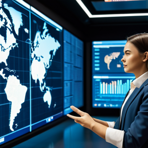 Home 5 A professional woman in modest business attire, standing confidently in a high-tech global operations center. Large interactive screens in the background display world maps, real-time trade data, abstract blockchain nodes, and AI-driven analytics. She gestures towards a holographic display showing interconnected global supply chains, conveying strategic analysis and a holistic understanding of international commerce. The scene features clean, well-lit, futuristic design with a focus on cutting-edge technology. fully clothed, modest clothing, appropriate attire, professional dress, safe for work, appropriate content, family-friendly, perfect anatomy, correct proportions, natural pose, well-formed hands, proper finger count, natural body proportions, professional photography, cinematic lighting, ultra-detailed, high resolution.