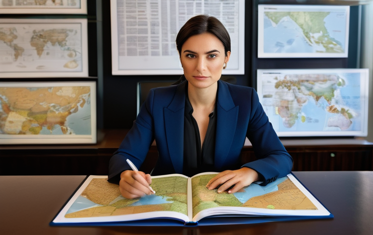 무역 학습 교재 추천 - **"Global Regulatory Navigator"**
    A sophisticated, 35-year-old Italian female entrepreneur, dres...