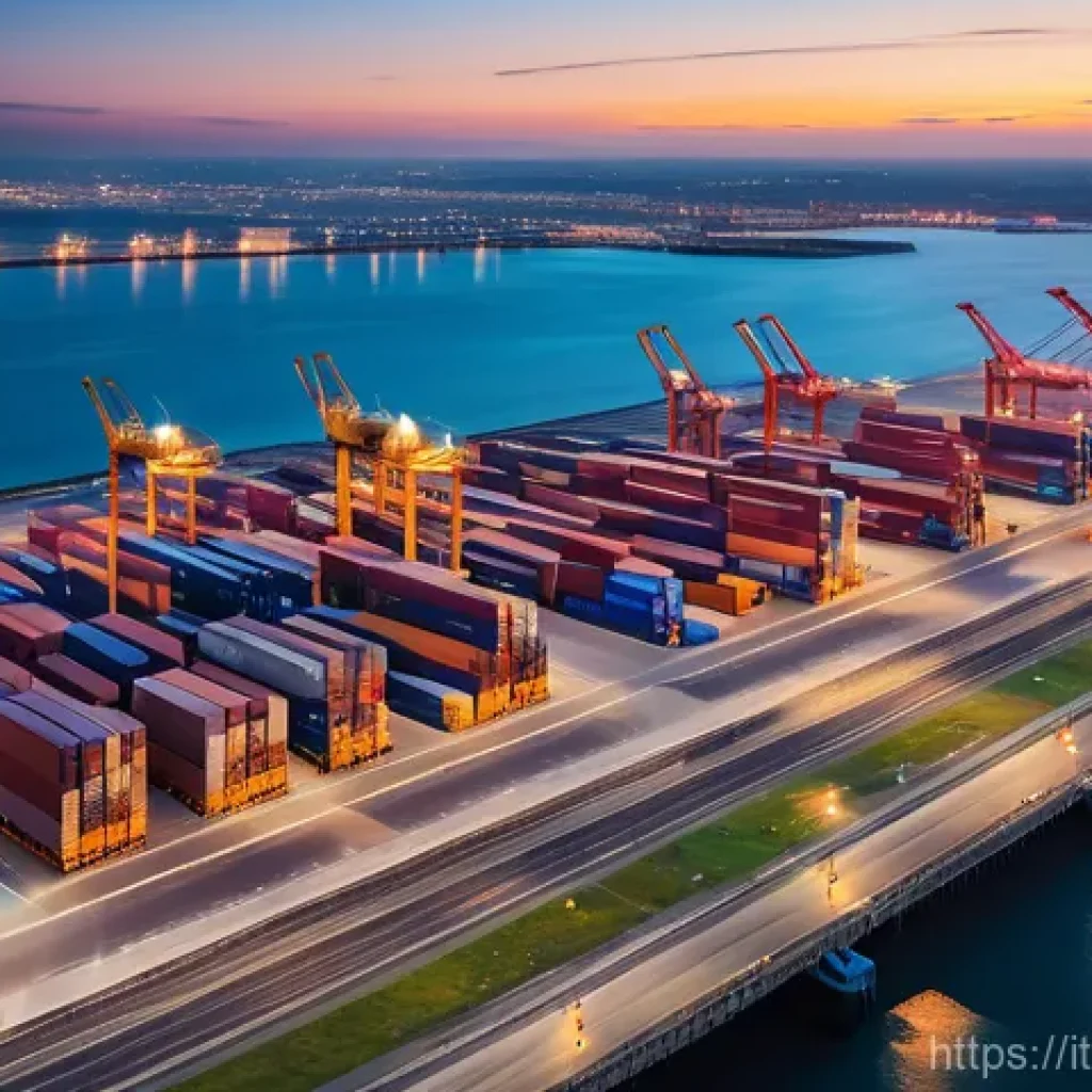 무역회사 입사 면접 질문 - A dynamic, high-angle view of a state-of-the-art global logistics hub at twilight. Large cargo ships...