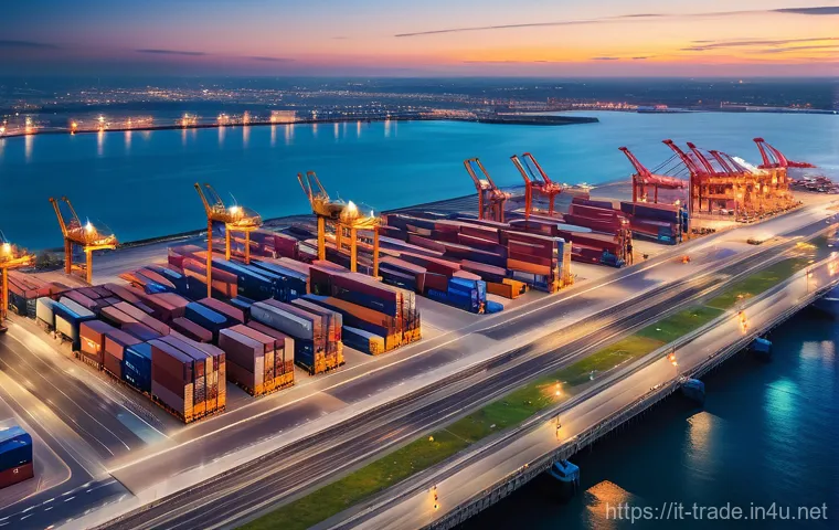 무역회사 입사 면접 질문 - A dynamic, high-angle view of a state-of-the-art global logistics hub at twilight. Large cargo ships...