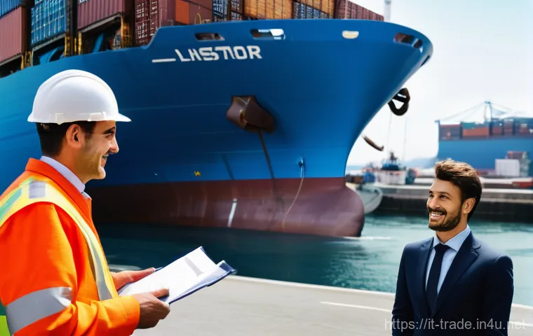 수출입 업무의 실제 사례 - **Prompt:** A dynamic, wide-angle shot of a modern, bustling European port. In the foreground, an It...