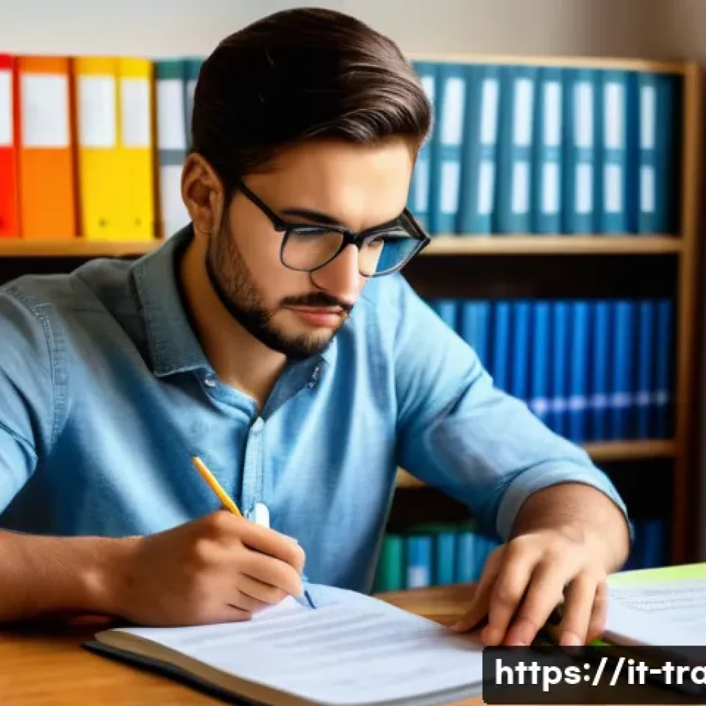 국제무역사 필기시험에서의 시간 관리 방법 - A focused Italian university student sitting at a wooden desk in a bright study room, surrounded by ...