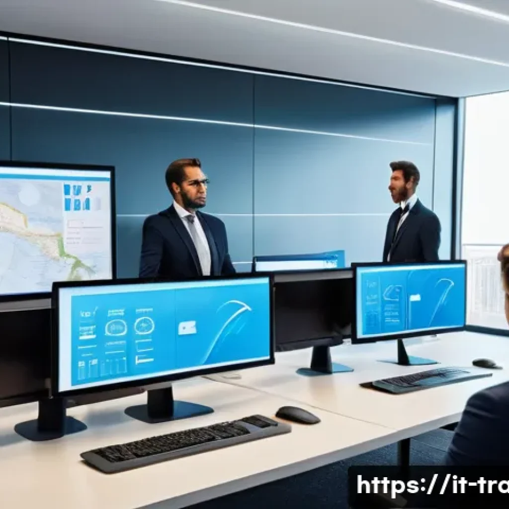무역 실무에서의 디지털 전환 - A modern Italian customs office environment featuring digital workstations with large screens displa...