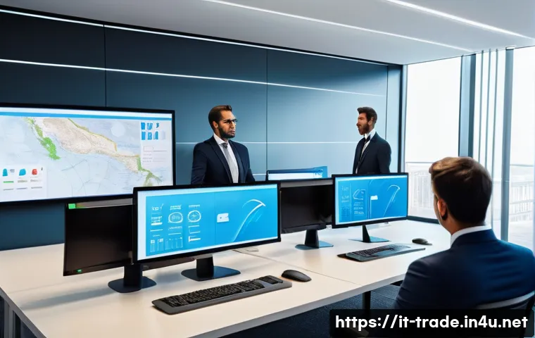 무역 실무에서의 디지털 전환 - A modern Italian customs office environment featuring digital workstations with large screens displa...