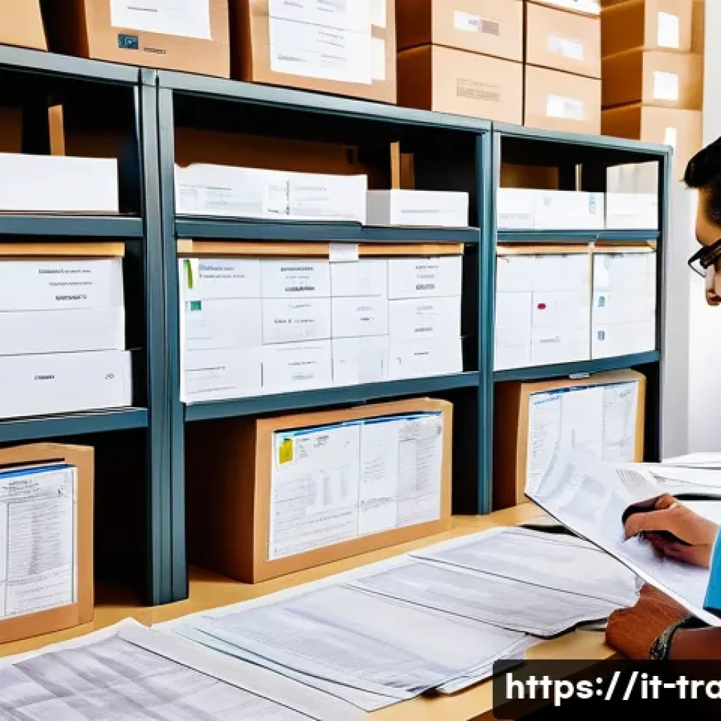 수출입 관련 세금과 관세 설명 - A professional customs officer examining detailed import documentation on a desk filled with commerc...
