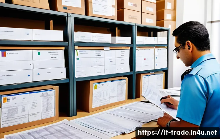 수출입 관련 세금과 관세 설명 - A professional customs officer examining detailed import documentation on a desk filled with commerc...
