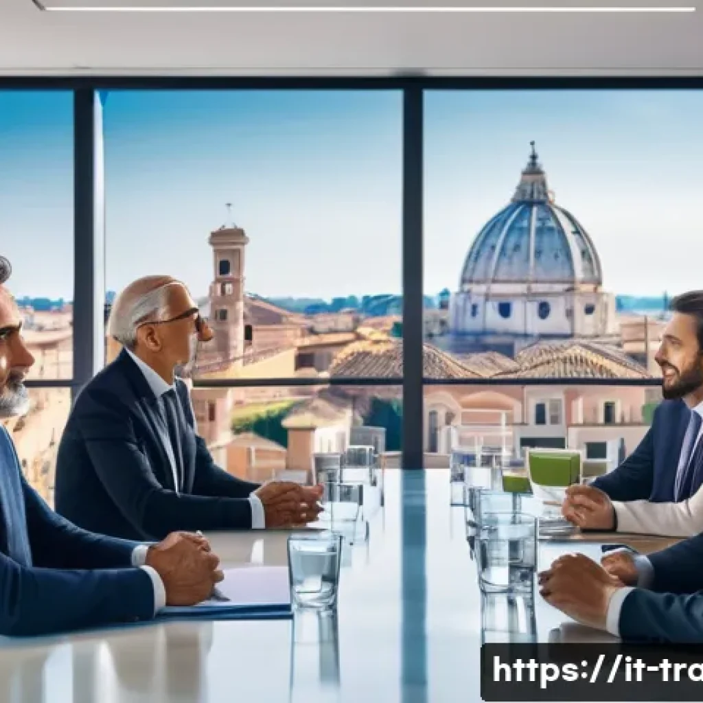 무역 계약 체결 시 주의사항 - A professional international business meeting scene set in a modern Italian office, with diverse exe...