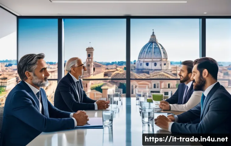 무역 계약 체결 시 주의사항 - A professional international business meeting scene set in a modern Italian office, with diverse exe...