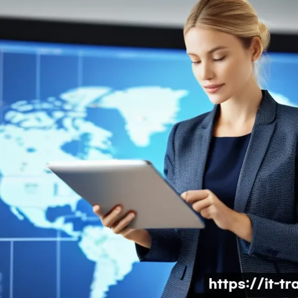 국제무역사 자격증의 국내외 활용 - A professional businesswoman in a modern office setting, wearing smart business attire, reviewing in...