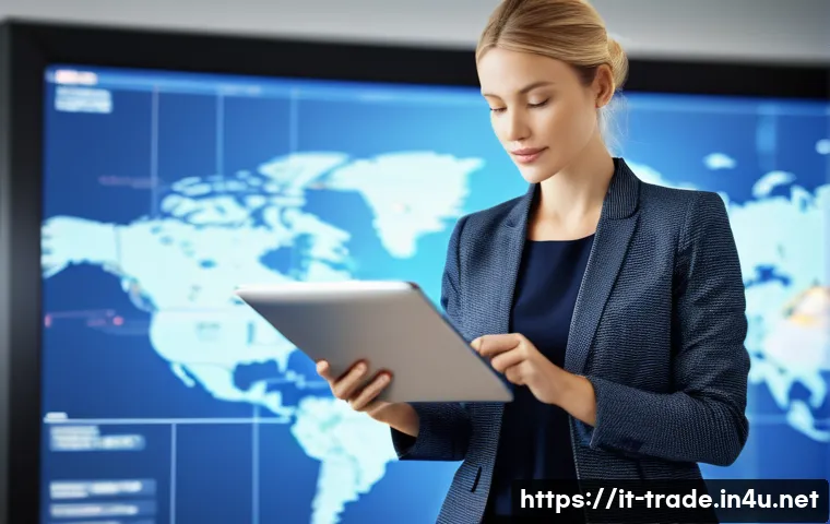 국제무역사 자격증의 국내외 활용 - A professional businesswoman in a modern office setting, wearing smart business attire, reviewing in...