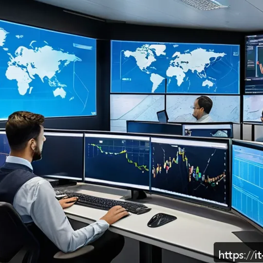 무역 실무자의 역할과 책임 - A modern international logistics control room with large digital screens displaying global shipping ...