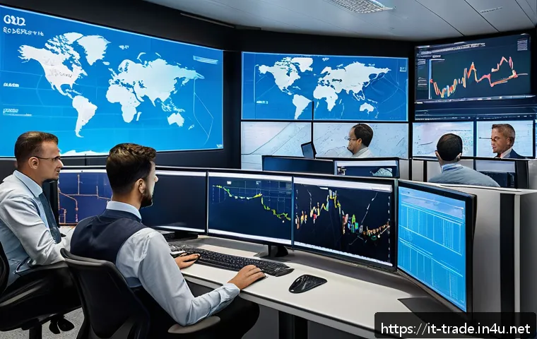 무역 실무자의 역할과 책임 - A modern international logistics control room with large digital screens displaying global shipping ...