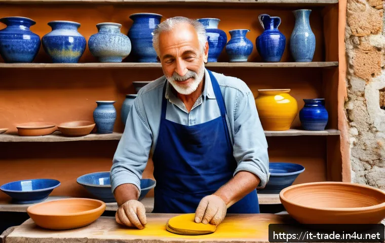 무역 실무의 성공 사례 - A rustic Italian artisan ceramics workshop in Tuscany, featuring a skilled craftsman shaping a tradi...