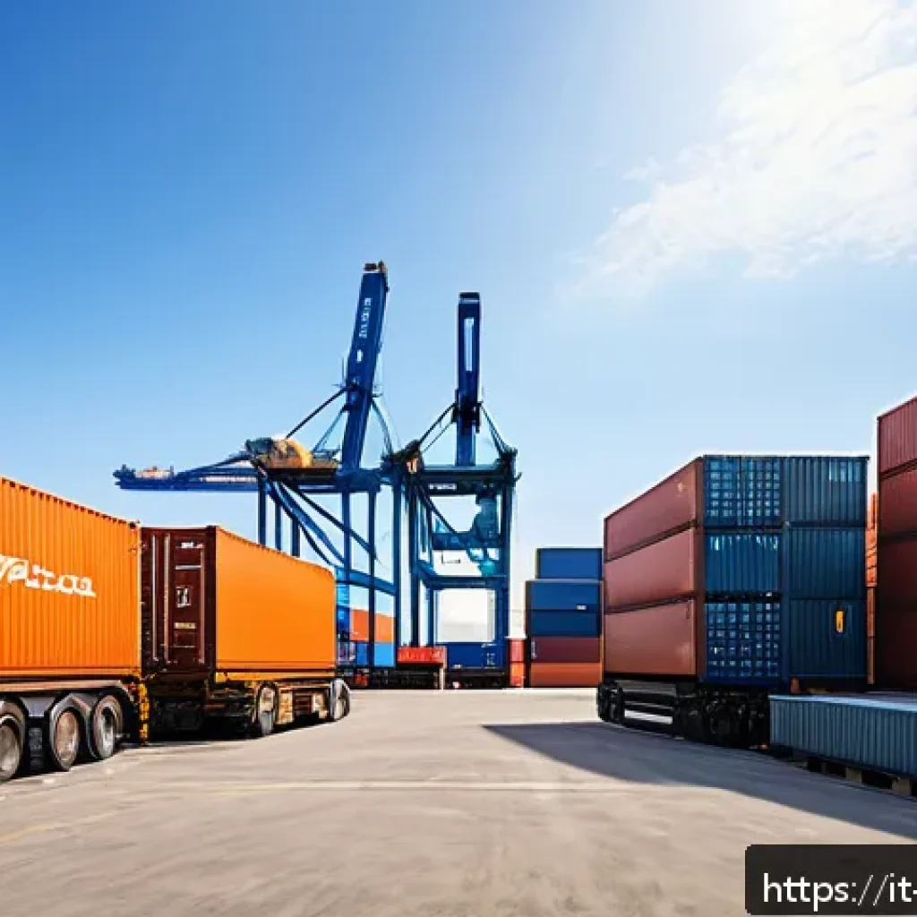 수출입 계약의 필수 항목 - A professional international shipping scene showing a detailed cargo logistics operation: large ship...