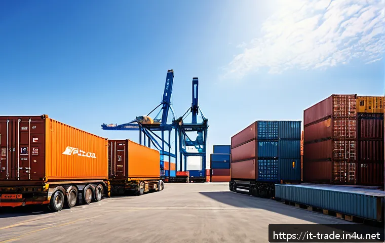 수출입 계약의 필수 항목 - A professional international shipping scene showing a detailed cargo logistics operation: large ship...