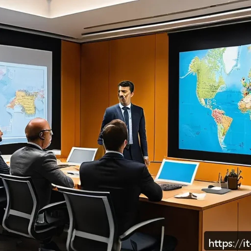 무역 실무자 필수 강의 추천 - A modern office environment showing a diverse group of international business professionals engaged ...