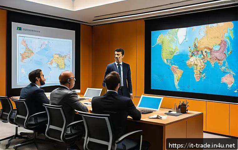 무역 실무자 필수 강의 추천 - A modern office environment showing a diverse group of international business professionals engaged ...