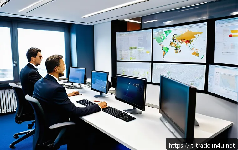 무역 실무의 기초부터 고급까지 - A professional international trade office scene showing a diverse team of business people from Italy...