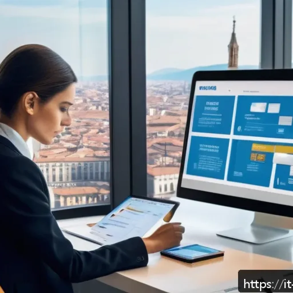 수출입 관련 세무 처리 팁 - A modern Italian office environment focused on international trade, featuring a professional woman i...