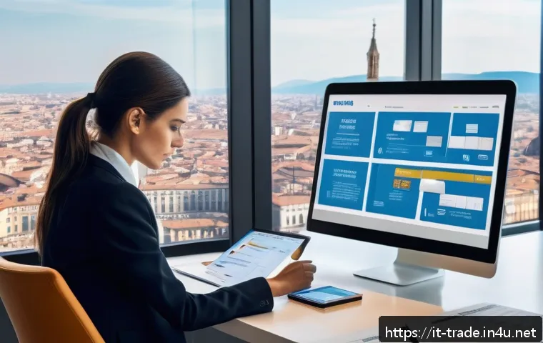 수출입 관련 세무 처리 팁 - A modern Italian office environment focused on international trade, featuring a professional woman i...