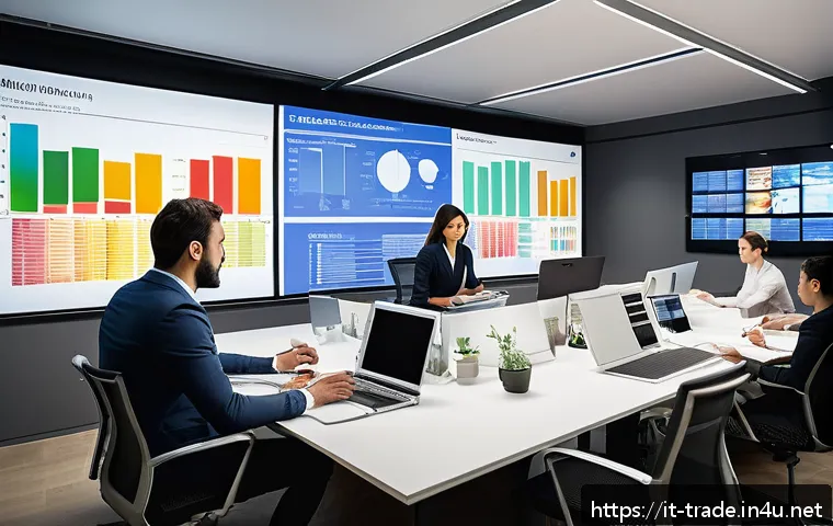무역 마케팅 전략 사례 - A diverse group of international marketing professionals collaborating in a modern office, analyzing...