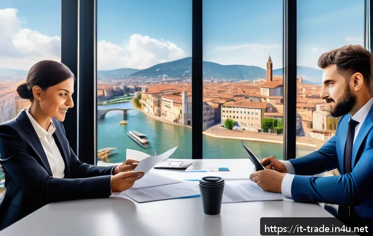 무역 대금 결제 방식 이해하기 - A professional international business meeting scene set in a modern office overlooking a European ci...