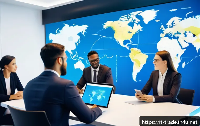 무역업계 경력 개발 전략 - A modern international business office scene showcasing a diverse group of professionals collaborati...