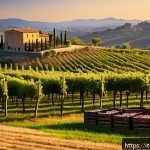 무역 이론의 기초와 응용 - A sophisticated Italian agro-food export scene showcasing a rustic vineyard and olive grove at sunse...