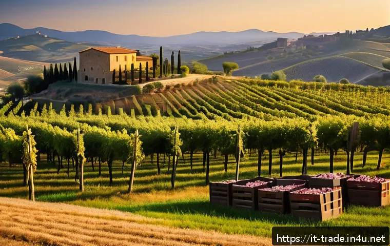 무역 이론의 기초와 응용 - A sophisticated Italian agro-food export scene showcasing a rustic vineyard and olive grove at sunse...