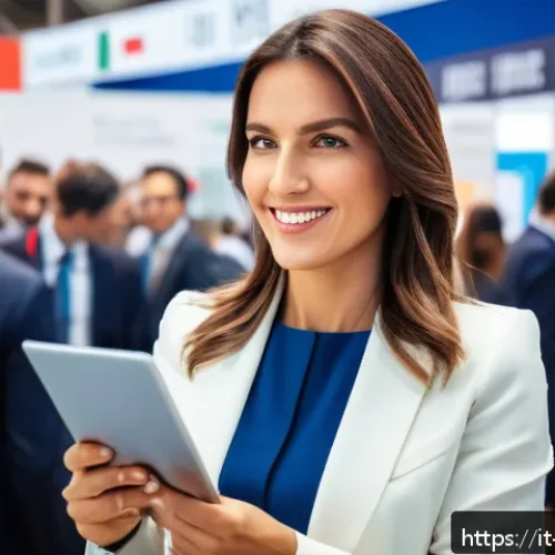 국제무역사 연봉 인상 방법 - A modern professional businesswoman attending an international trade fair in Milan, Italy, surrounde...