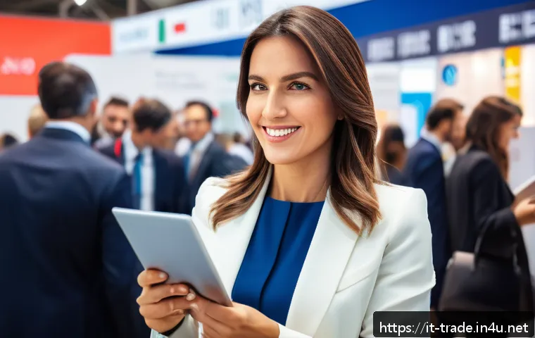 국제무역사 연봉 인상 방법 - A modern professional businesswoman attending an international trade fair in Milan, Italy, surrounde...