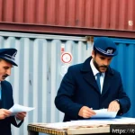 무역 실무 입문자를 위한 자료 - A detailed scene of an international customs office in a bustling Italian port city, showing customs...