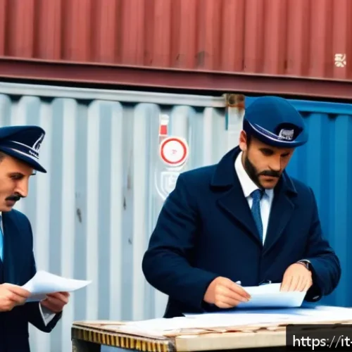 무역 실무 입문자를 위한 자료 - A detailed scene of an international customs office in a bustling Italian port city, showing customs...