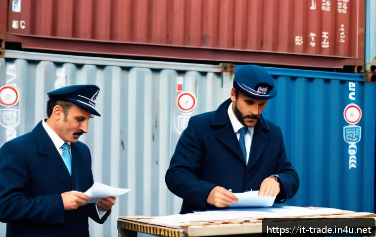 무역 실무 입문자를 위한 자료 - A detailed scene of an international customs office in a bustling Italian port city, showing customs...