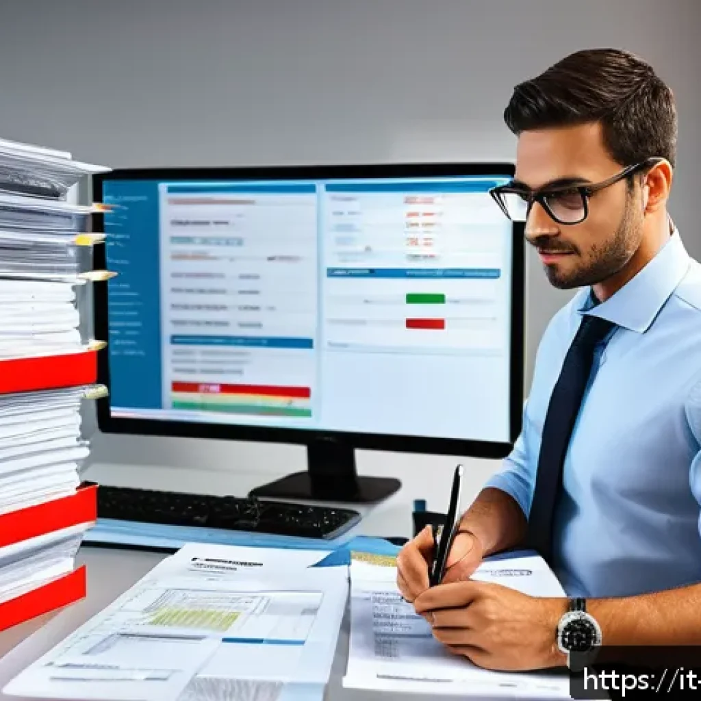 무역 서류 심사 체크리스트 - A detailed office scene showing a professional logistics specialist meticulously cross-checking comm...