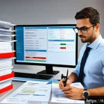 무역 서류 심사 체크리스트 - A detailed office scene showing a professional logistics specialist meticulously cross-checking comm...