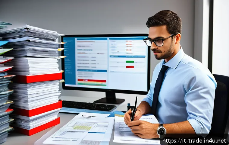 무역 서류 심사 체크리스트 - A detailed office scene showing a professional logistics specialist meticulously cross-checking comm...