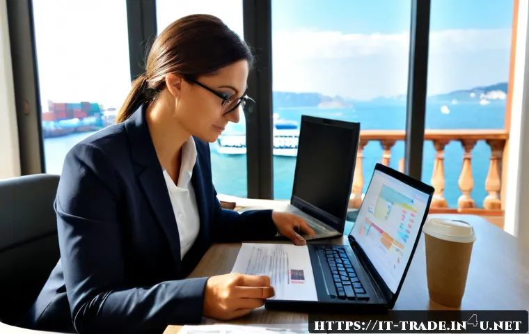 Home 17 무역 실무의 기본부터 심화까지 - Photorealistic international trade beginner workspace in a bright Italian office near the Port of Ge...